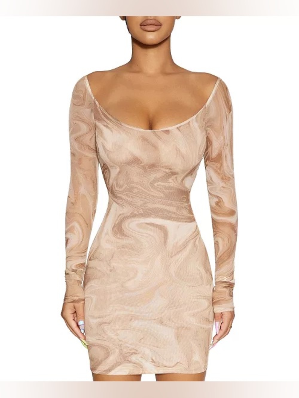 Nude Marble-Print Long Sleeve Bodycon Dress